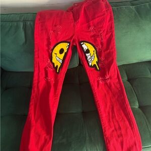 Red Distressed Jeans with Yellow Patch Detail